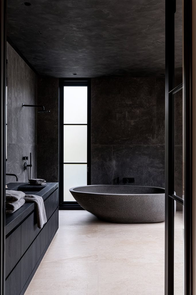 Charcoal grey colour-drenched bathroom with dark walls, matching ceiling, black fixtures and stone bathtub