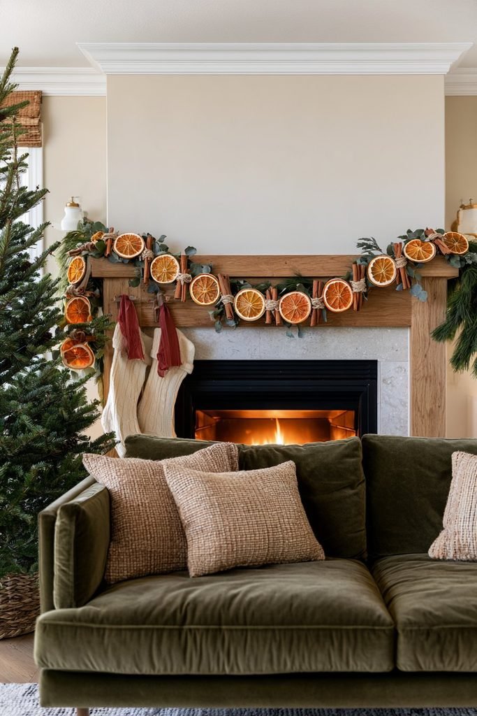 Handmade Christmas garland of dried orange slices, cinnamon sticks, eucalyptus, and twine draped across a decorated fireplace mantel.