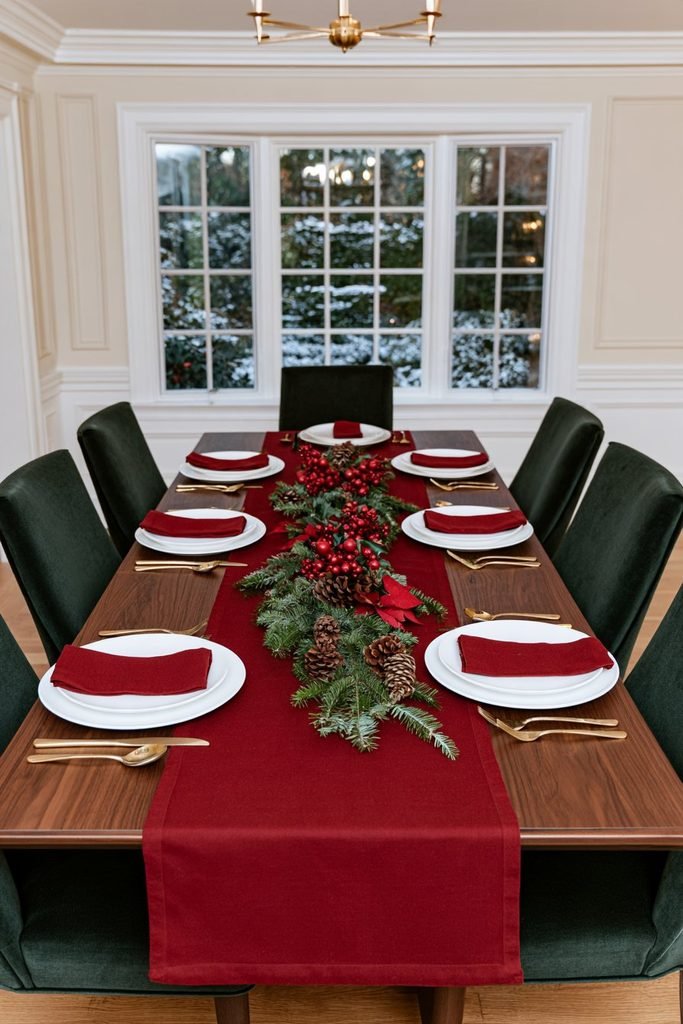 Classic Christmas dining table decor with red and green accents, burgundy velvet chairs, festive greenery, and a warmly decorated dining room.