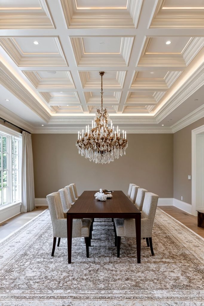 Elegant deep coffered statement ceiling with layered molding and brass chandelier in a sophisticated dining room