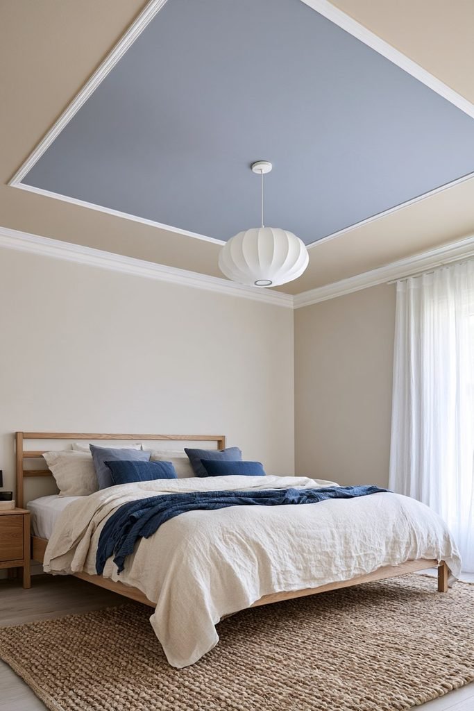 Sky blue and ivory color-blocked statement ceiling with geometric molding in a sophisticated bedroom
