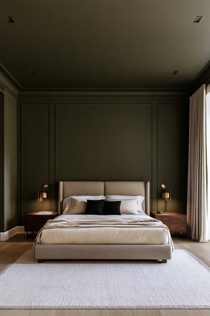 Olive green color-drenched bedroom with matching walls, trim, and a dramatic recessed statement ceiling