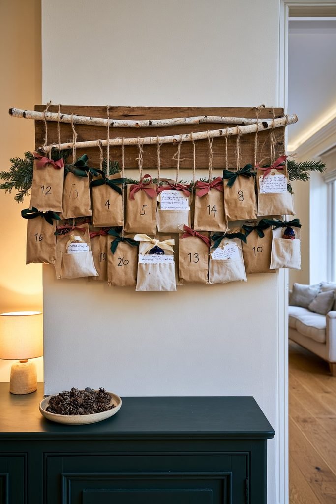 DIY Christmas Eve advent calendar with numbered kraft paper bags and fabric pockets hanging from natural birch branches.