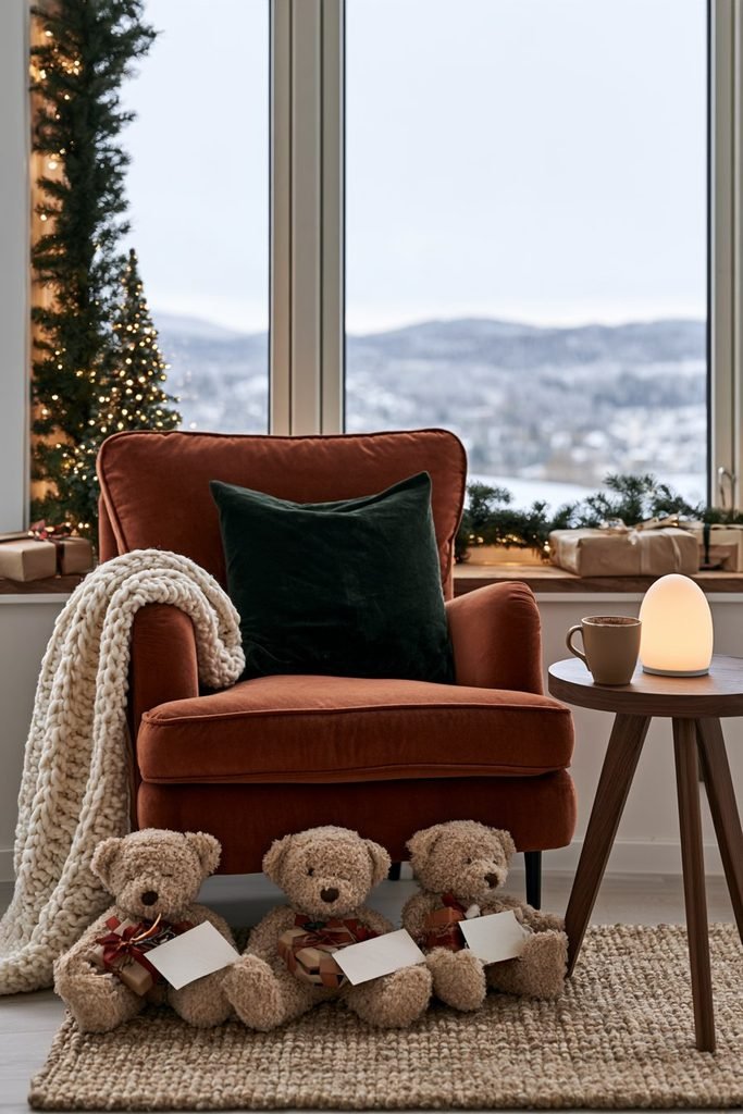 Cozy Christmas reading nook with a teddy bear, comfortable armchair, knitted blanket, soft cushions, and warm festive lighting