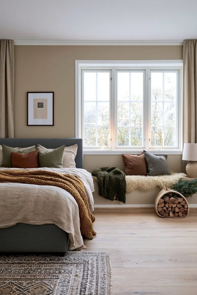 Scandinavian Christmas bedroom with a cozy window bench, sheepskin, wool blankets, colorful linen cushions, a dusty blue bed, and winter greenery.