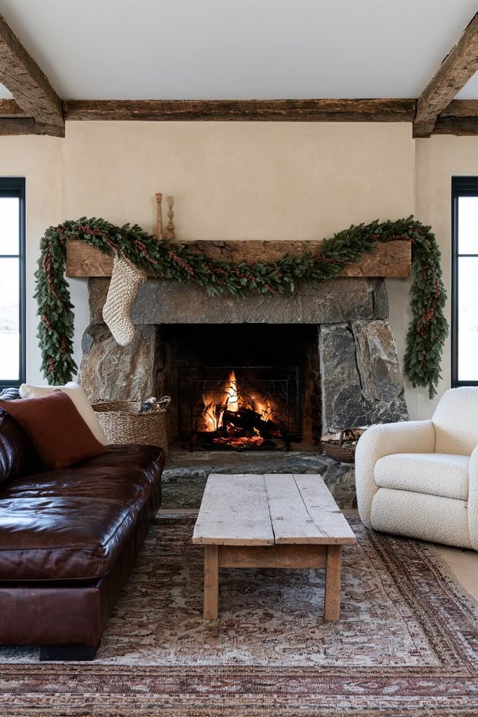 Cozy crochet Christmas garland decorating a warm and inviting holiday living space