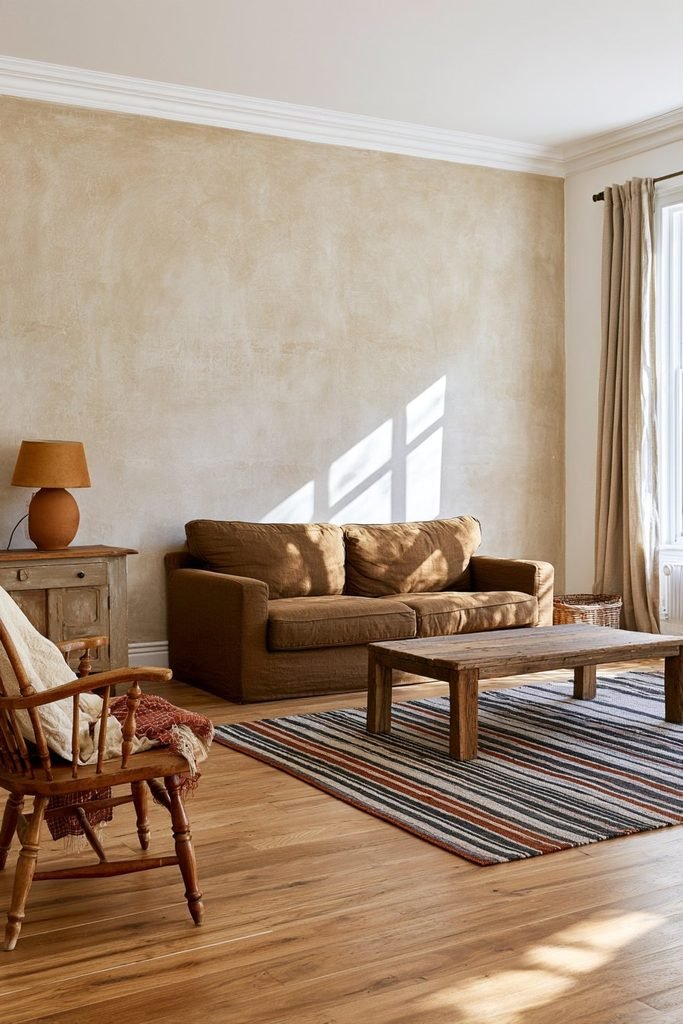 DIY-friendly warm beige Venetian plaster accent wall in a cozy living room with natural wood furniture and woven rug