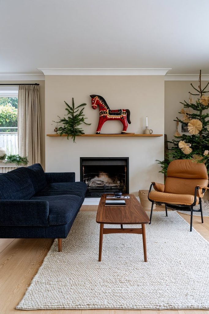 Red Swedish Dala horse displayed on a fireplace mantel with evergreen branches and a white candle in a Scandinavian Christmas living room.