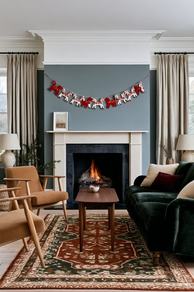Scandinavian Christmas living room with a red and white Dala horse garland across the fireplace mantel, dark green sofa, rust accents, and Nordic Christmas greenery.