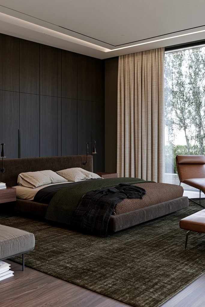 Modern dark academia bedroom with layered charcoal wool, forest green bedding, brown herringbone textiles, and a contemporary upholstered bed.
