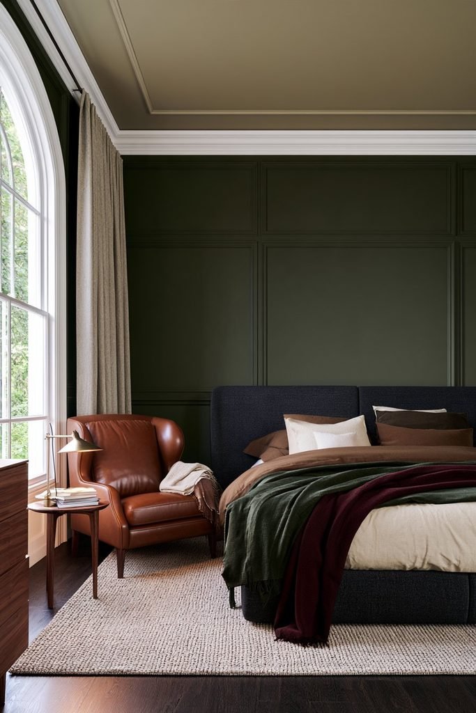 Modern dark academia bedroom with a cognac leather reading chair beside a tall arched window, a walnut side table, books, and warm task lighting.