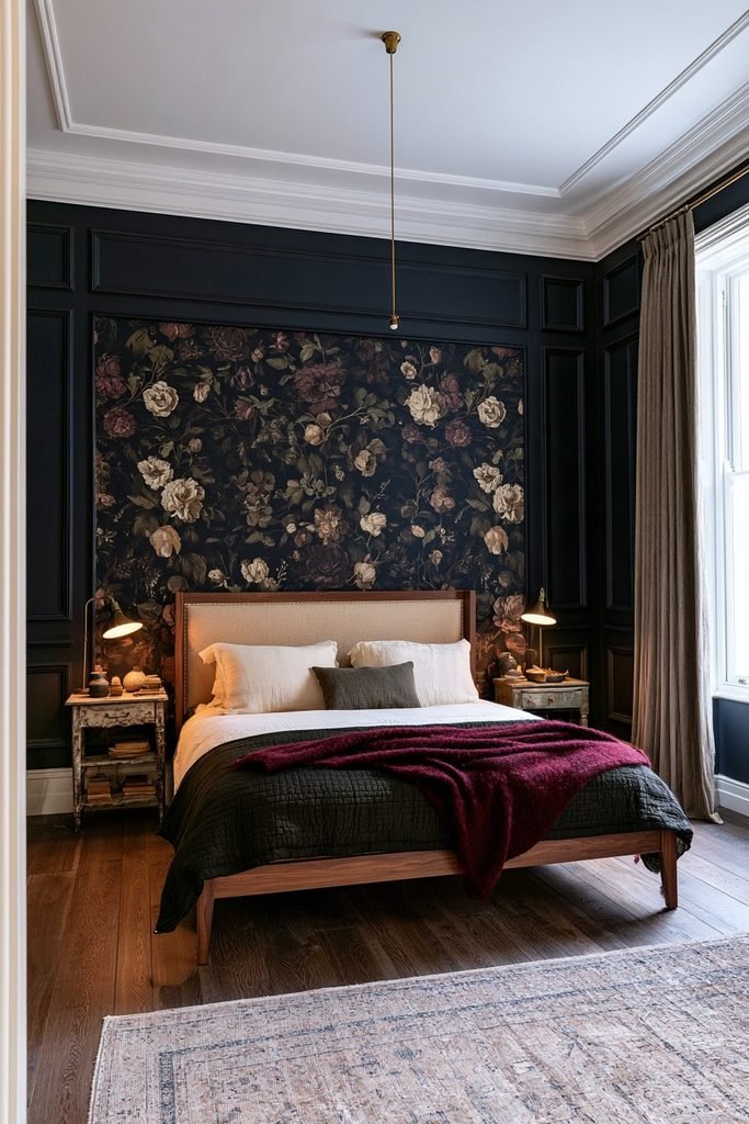 Contemporary dark academia bedroom featuring dark floral wallpaper behind an upholstered bed, walnut nightstands, and layered neutral bedding.