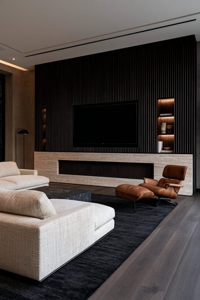 Moody modern den with floor-to-ceiling dark walnut fluted wall panelling, integrated fireplace and media storage, leather seating, and warm lighting.