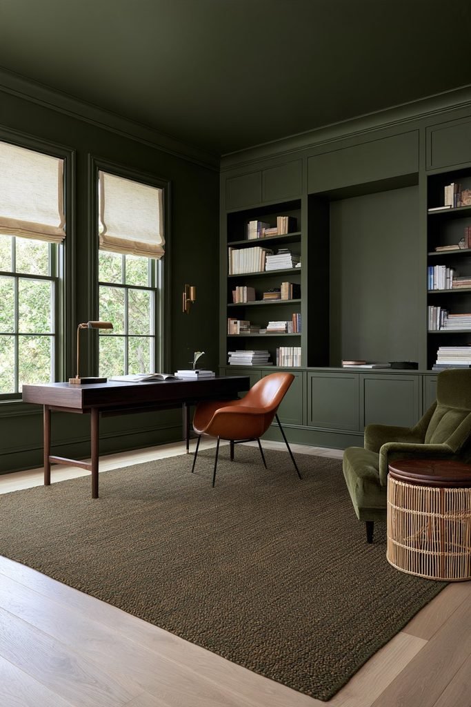 Deep olive green colour-drenched study with walnut furniture, built-in shelving and brass lighting