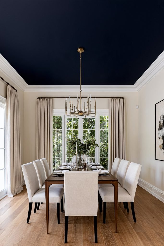 Deep navy statement ceiling with recessed panel molding and brass chandelier in an elegant dining room