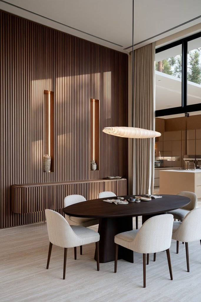 Contemporary dining room with a full-height walnut fluted backdrop wall, built-in sideboard, recessed niches, oak dining table, and linen chairs.