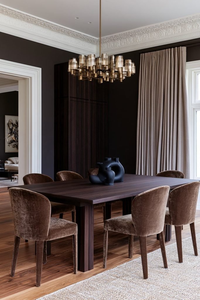 Tonal brown colour-drenched dining room with dark truffle walls, lighter brown ceiling and walnut dining furniture