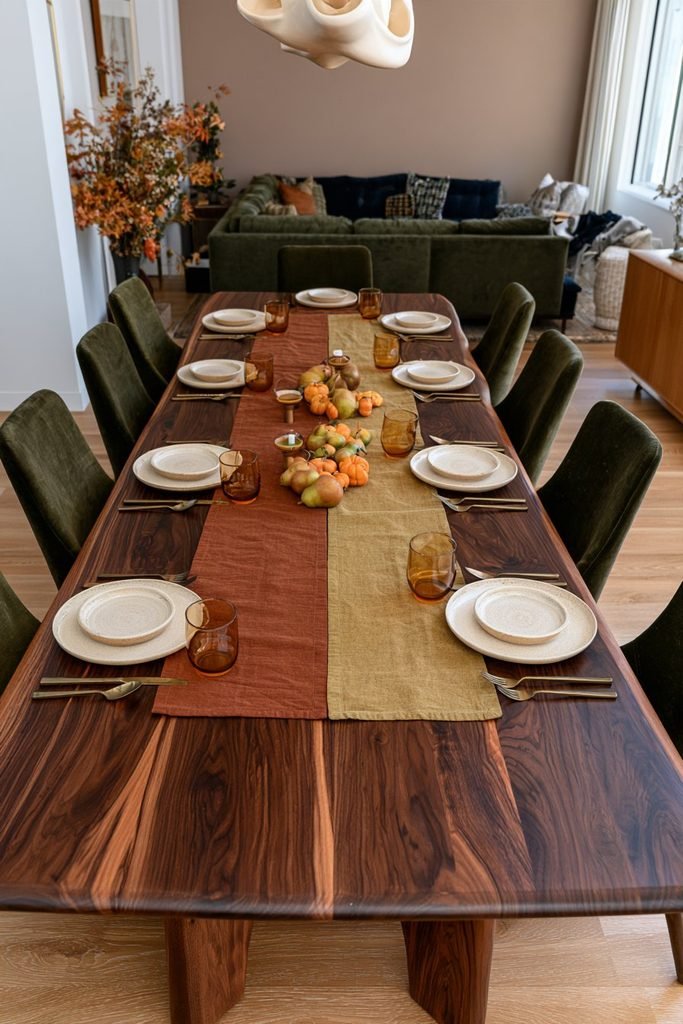 Thanksgiving table decor featuring two parallel rust and mustard runners on a dark walnut dining table with autumn accents.