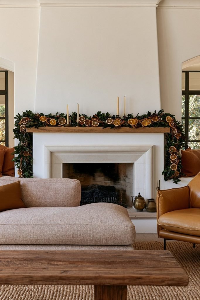 Christmas garland featuring dried orange slices, evergreen branches and natural holiday accents