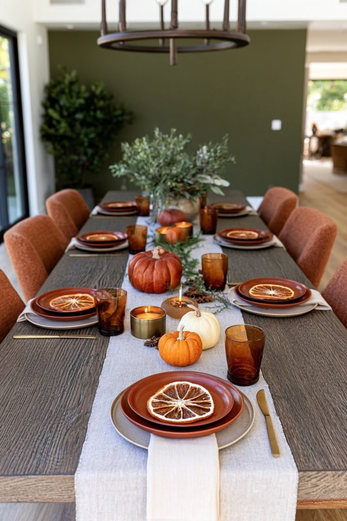 Autumn Thanksgiving table decorated with dried orange slices, star anise, mini pumpkins, rust plates, and amber glassware.