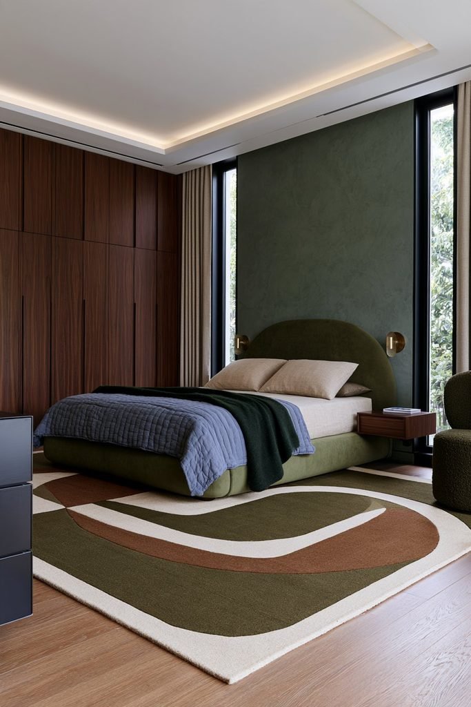 Modern dark academia bedroom with forest green walls, olive bedding, walnut cabinetry, and warm contemporary lighting.