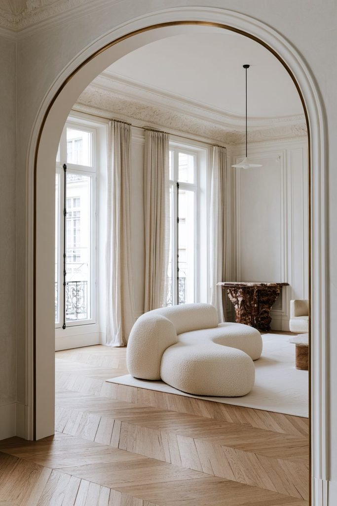 Thin brushed brass trim outlining an arched doorway in an elegant Parisian apartment.