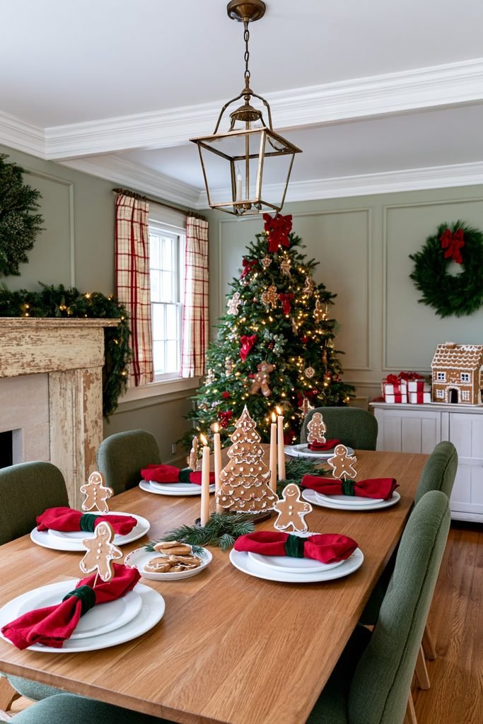 Christmas dining table decor with edible place cards, a cream-painted table, Windsor-style chairs, and charming seasonal decorations.
