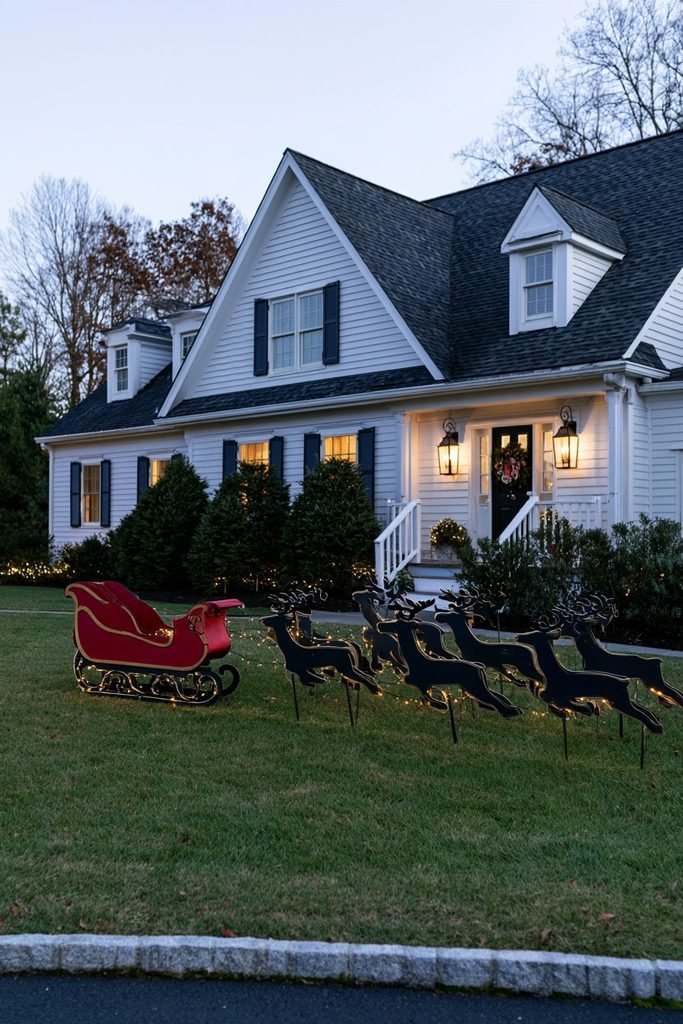 Handmade plywood Christmas sleigh with eight charcoal reindeer silhouettes displayed on a front lawn beside a clear driveway and walkway.