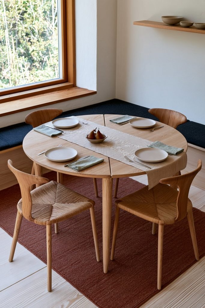 Vintage Thanksgiving table featuring an embroidered autumn linen runner, curved wooden dining chairs, and a soft blue Scandinavian-style interior.