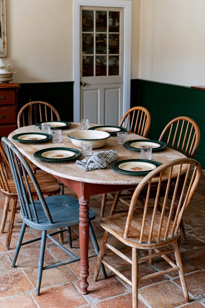 Vintage Thanksgiving table set with cream and green enamelware harvest plates, painted wooden dining chairs, and a sunlit country conservatory.