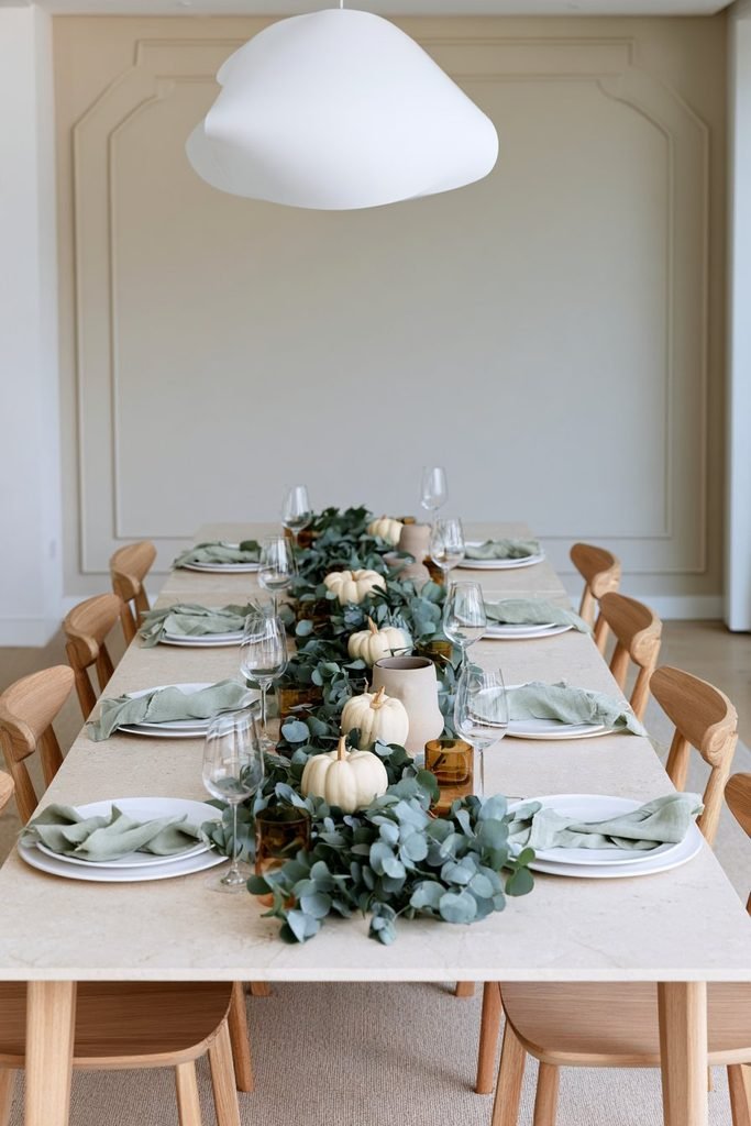 Modern Thanksgiving dining table featuring a full-length eucalyptus garland, ivory pumpkins, white dinnerware, and subtle candlelight.