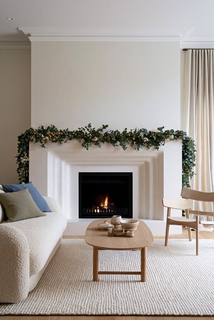 Eucalyptus Christmas garland draped across a fireplace mantel in a modern living room