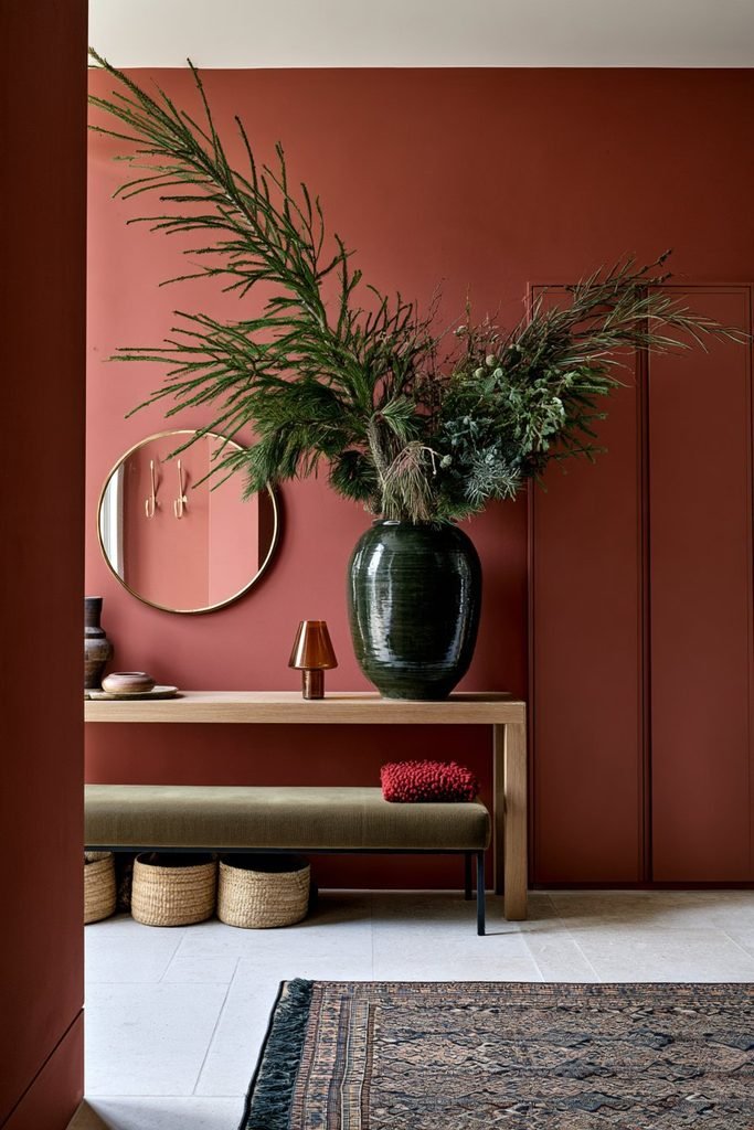 Scandinavian Christmas entryway featuring tall spruce, pine, and juniper branches in a dark green ceramic vase with an olive bench and natural wood furniture.