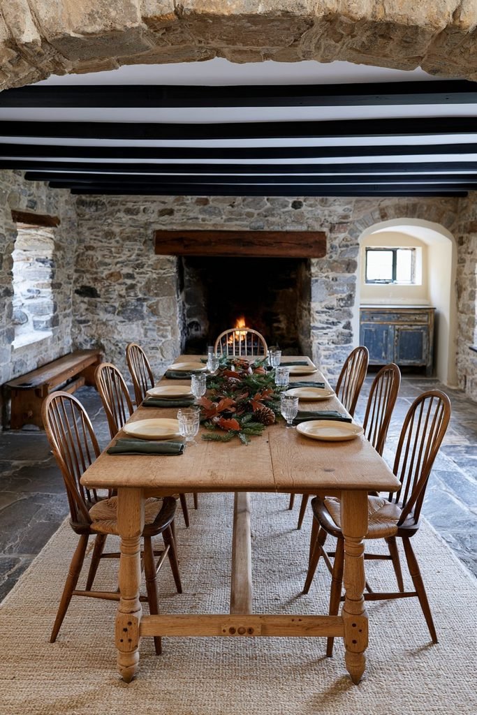 Rustic vintage Thanksgiving dining table decorated with evergreen sprigs, pinecones, and autumn leaves in a traditional stone cottage dining room.