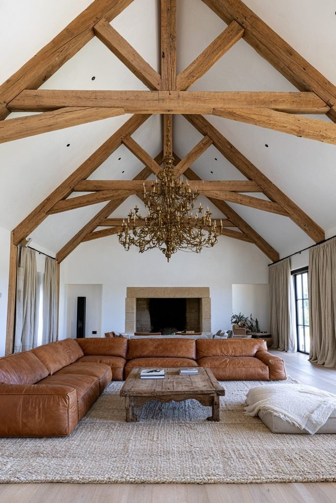 Natural reclaimed oak beam statement ceiling with brass chandelier in a rustic European living room