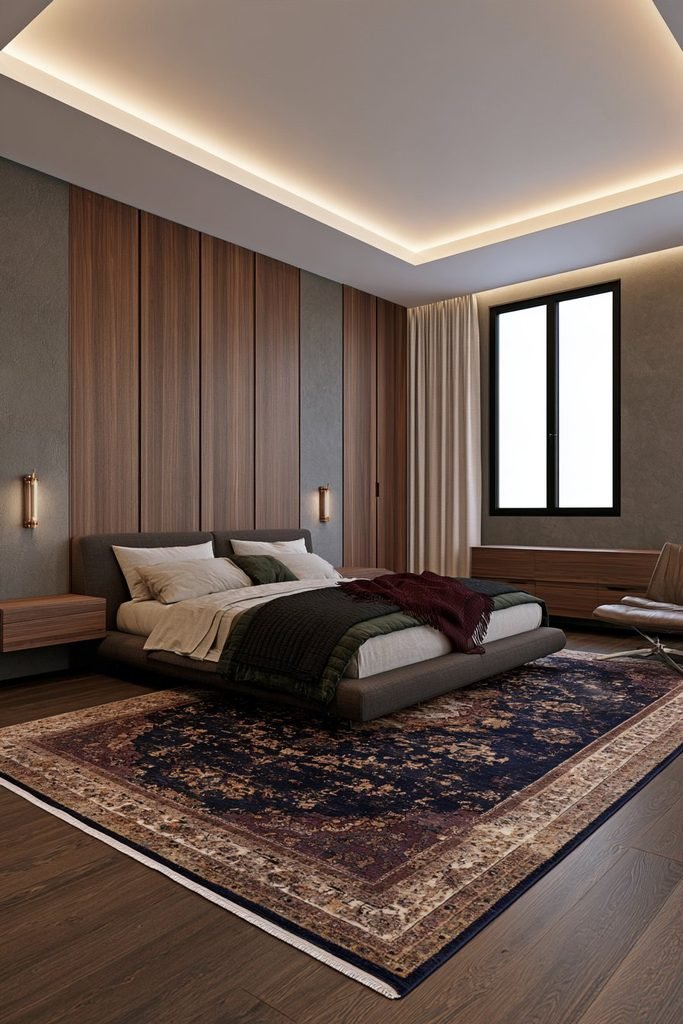 Modern dark academia bedroom with a faded Persian rug in burgundy, indigo, and antique gold beneath a contemporary upholstered bed on dark oak flooring.