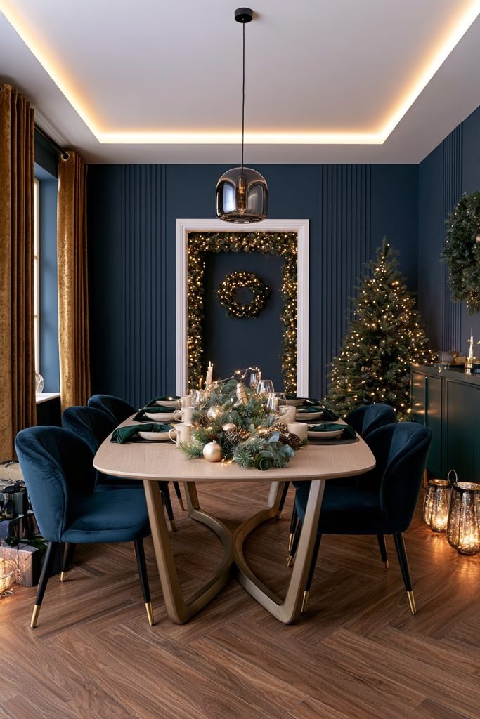 Christmas dining table decor with sparkling fairy lights, a rounded rectangular pale oak table, modern metal-leg chairs, and warm holiday decorations.