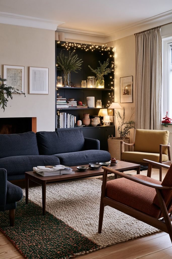 Scandinavian Christmas living room with glowing fairy lights in glass jars, blue-gray sofa, mustard and rust armchairs, patterned wool rug, walnut furniture, and evergreen accents.