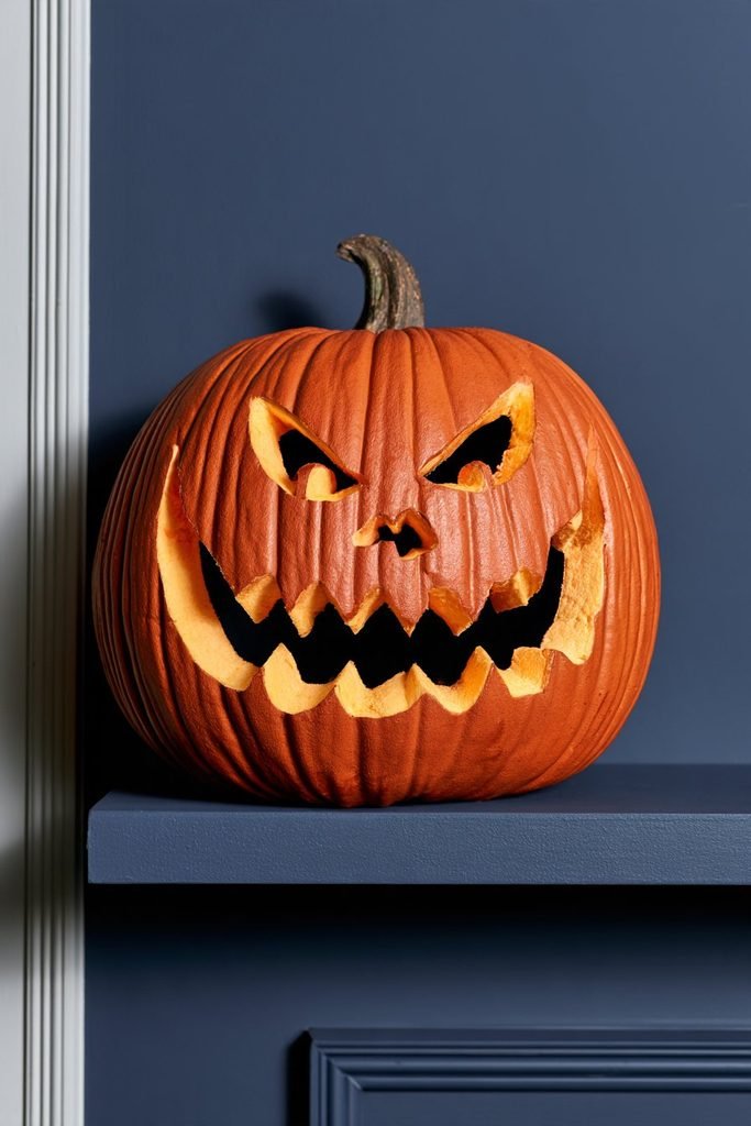 Oogie Boogie faux pumpkin featuring a detailed character design and displayed on a shelf as a creative no-carve Halloween idea.