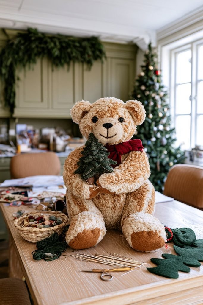 Handmade felt teddy bear and Christmas tree decorations displayed together with soft textures and charming handcrafted holiday details