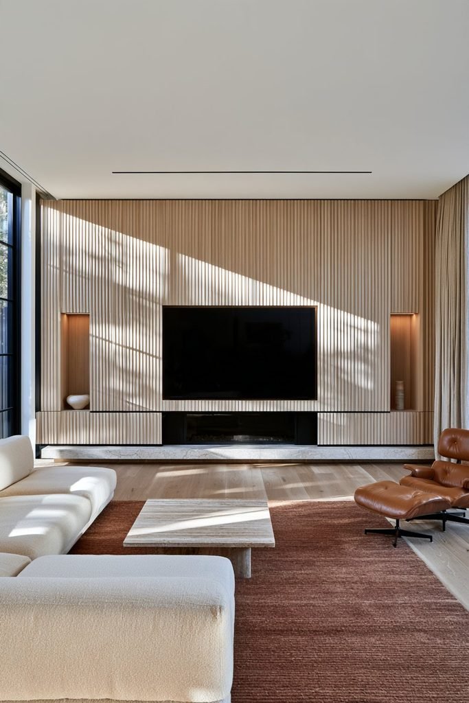 Elegant living room with a floor-to-ceiling fluted wood fireplace wall featuring an integrated television, fireplace, built-in storage, and warm lighting.