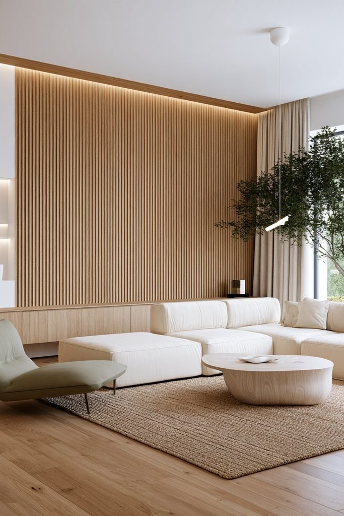 Scandinavian living room featuring full-height pale oak fluted wall panelling, built-in storage, cream seating, and natural wood flooring.