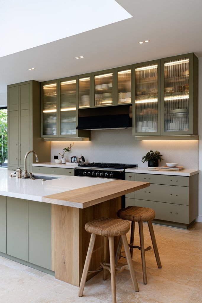 Modern kitchen with ribbed fluted glass upper cabinets, illuminated glassware storage, sage green lower cabinets, oak island, and quartz countertops.