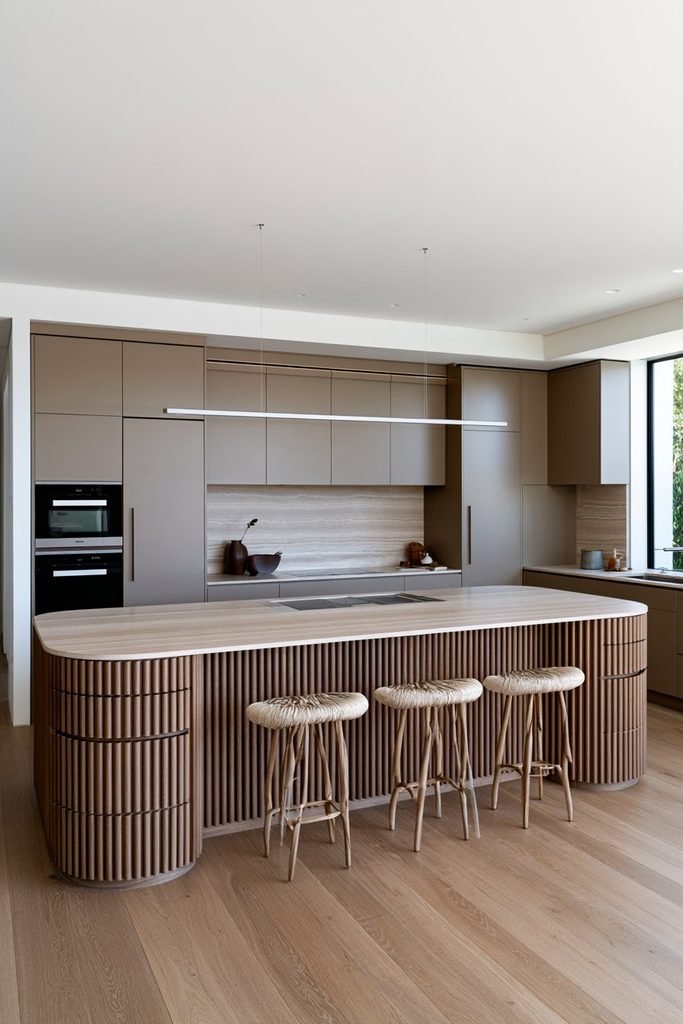 Modern kitchen with a natural smoked-oak fluted kitchen island, pale quartz countertop, integrated sink, contemporary cabinetry, and bar stools.