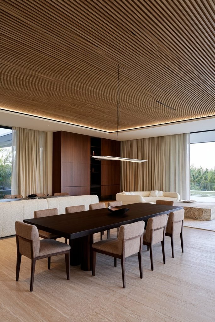 Sophisticated open-plan dining room with a full fluted oak ceiling, integrated recessed lighting, linear pendant, walnut storage, and large dining table.
