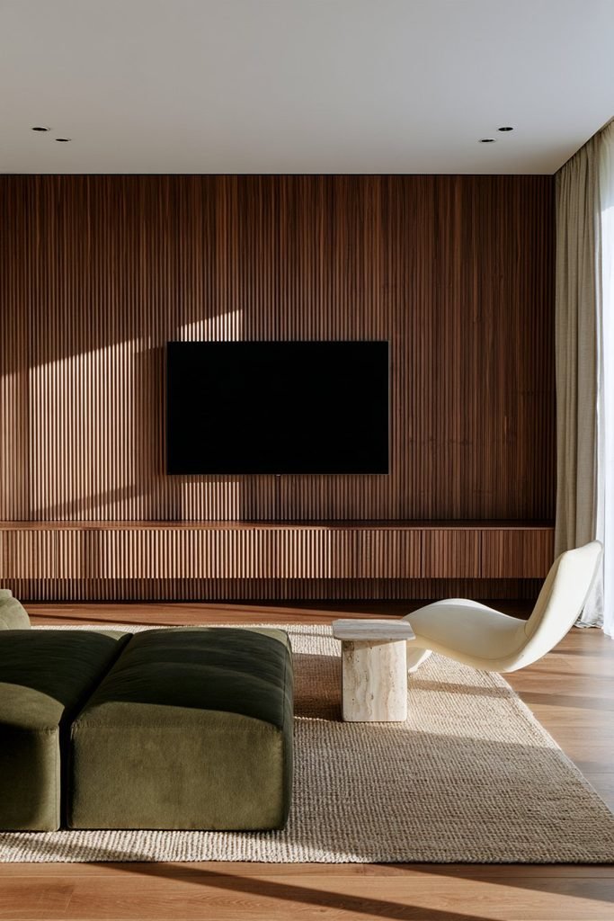 Modern living room with a floor-to-ceiling walnut fluted panelling TV wall, built-in media console, storage niches, and contemporary furniture.