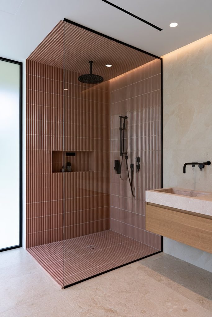 Modern bathroom with a floor-to-ceiling terracotta fluted tile accent wall, black shower fixtures, recessed niche, stone vanity, and warm neutral finishes.