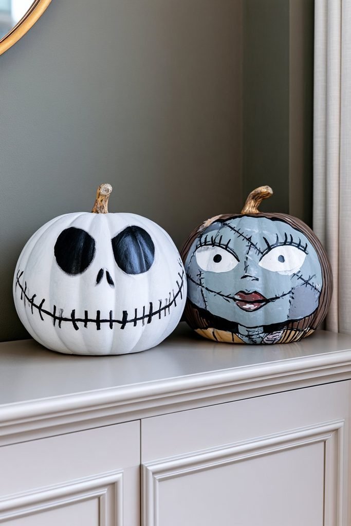 Reusable foam pumpkin transformed into a Nightmare Before Christmas decoration for a durable Halloween craft idea.