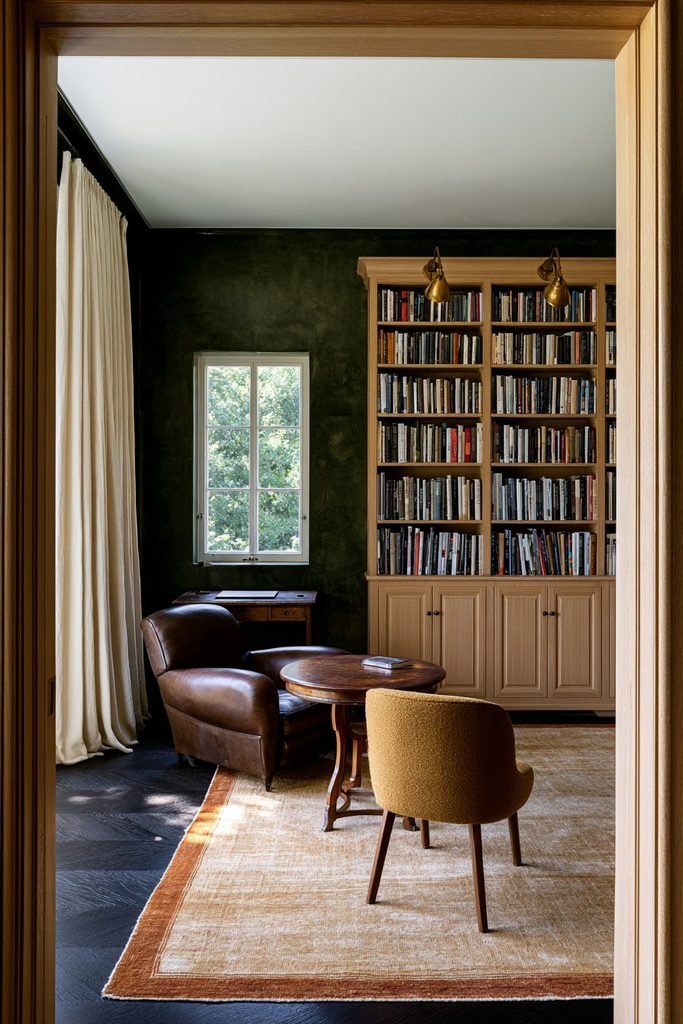 Deep forest green Venetian plaster library wall with light oak shelving, leather seating, and brass lighting