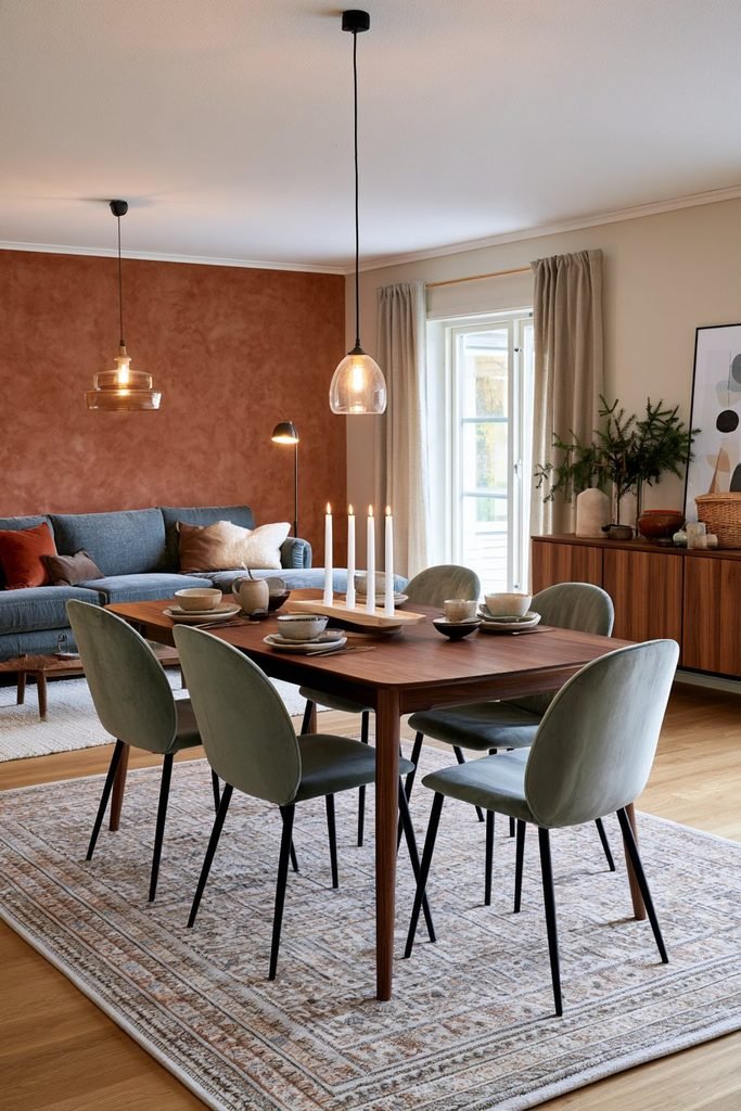 Scandinavian open-plan living and dining room featuring four white Advent candles on a wooden tray with colorful Nordic furnishings and evergreen Christmas accents.